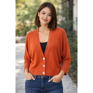 Christian Siriano NY Cardigan Womens XL Red Orange Linen Blend Dolman Rib Knit